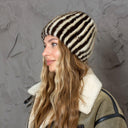 Brown & Beige Striped Fur Hat, Mink Knit Beanie, Furry Accessories, Cozy Winter Hat, Fluffy Ladies Hat, Fashion Winter Hat, Gift For Sister