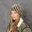 Brown & Beige Striped Fur Hat, Mink Knit Beanie, Furry Accessories, Cozy Winter Hat, Fluffy Ladies Hat, Fashion Winter Hat, Gift For Sister