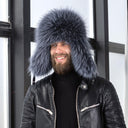 Men's Gray-Blue Albino Raccoon Fur Trapper Hat, Real Leather & Fur Bomber Hat, Fluffy Aviator Hat, Warm Hat With Earflaps, Gift For Husband