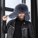 Men's Gray-Blue Albino Raccoon Fur Trapper Hat, Real Leather & Fur Bomber Hat, Fluffy Aviator Hat, Warm Hat With Earflaps, Gift For Husband