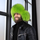 Men's Neon Green Raccoon Fur Trapper Hat, Vibrant Aviator Hat, Real Leather Bomber Hat, Fluffy Ushanka, Hat With Ear Flaps, Gift For Him