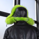 Men's Neon Green Raccoon Fur Trapper Hat, Vibrant Aviator Hat, Real Leather Bomber Hat, Fluffy Ushanka, Hat With Ear Flaps, Gift For Him
