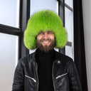 Men's Neon Green Raccoon Fur Trapper Hat, Vibrant Aviator Hat, Real Leather Bomber Hat, Fluffy Ushanka, Hat With Ear Flaps, Gift For Him