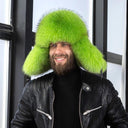 Men's Neon Green Raccoon Fur Trapper Hat, Vibrant Aviator Hat, Real Leather Bomber Hat, Fluffy Ushanka, Hat With Ear Flaps, Gift For Him