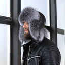 Silver Fox Fur Ushanka for Men, Fluffy Bomber Hat with Real Leather, Warm Hat With Earflaps, Cold Weather Hat for Him, Furry Trapper Hat