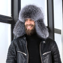 Silver Fox Fur Ushanka for Men, Fluffy Bomber Hat with Real Leather, Warm Hat With Earflaps, Cold Weather Hat for Him, Furry Trapper Hat