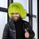 Neon Green Fox Fur Ushanka Hat, Mens Luxury Real Raccoon Fur Trapper Hat, Bright Lime Winter Fur Cap, Fluffy Aviator Hat, Gift for Boyfriend