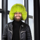 Neon Green Fox Fur Ushanka Hat, Mens Luxury Real Raccoon Fur Trapper Hat, Bright Lime Winter Fur Cap, Fluffy Aviator Hat, Gift for Boyfriend