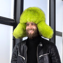 Neon Green Fox Fur Ushanka Hat, Mens Luxury Real Raccoon Fur Trapper Hat, Bright Lime Winter Fur Cap, Fluffy Aviator Hat, Gift for Boyfriend