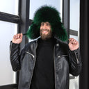 Emerald Green Raccoon Fur Trapper Hat for Men, Real Black Leather Aviator Hat, Oversized Ushanka, Dark Green Aviator Hat, Gift for Husband