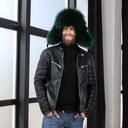 Emerald Green Raccoon Fur Trapper Hat for Men, Real Black Leather Aviator Hat, Oversized Ushanka, Dark Green Aviator Hat, Gift for Husband
