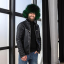 Emerald Green Raccoon Fur Trapper Hat for Men, Real Black Leather Aviator Hat, Oversized Ushanka, Dark Green Aviator Hat, Gift for Husband