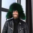Emerald Green Raccoon Fur Trapper Hat for Men, Real Black Leather Aviator Hat, Oversized Ushanka, Dark Green Aviator Hat, Gift for Husband