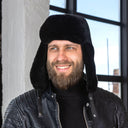 Mens Genuine Sheepskin Fur Ushanka Hat, Black Mouton Fur Winter Trapper Cap, Real Leather Earflap Hat for Cold Weather, Premium Gift for Him
