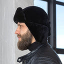 Mens Genuine Sheepskin Fur Ushanka Hat, Black Mouton Fur Winter Trapper Cap, Real Leather Earflap Hat for Cold Weather, Premium Gift for Him