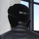Mens Genuine Sheepskin Fur Ushanka Hat, Black Mouton Fur Winter Trapper Cap, Real Leather Earflap Hat for Cold Weather, Premium Gift for Him