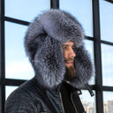 Full Silver Frost Fox Fur Trapper Hat for Men, Genuine Fluffy Fox Fuzzy Hat for Cold Weather, Premium Bomber Hat for Men, Hat with Earflaps