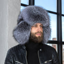 Full Silver Frost Fox Fur Trapper Hat for Men, Genuine Fluffy Fox Fuzzy Hat for Cold Weather, Premium Bomber Hat for Men, Hat with Earflaps