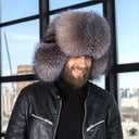 Men's Genuine Gold Fox Fur Bomber Hat, Warm Winter Trapper Hat, Fur Earflaps Hat, Hat with Adjustable Leather Size Strap, Father's Day Gift