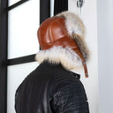 Mens Cognac Brown Leather Ushanka Hat, Winter Aviator Cap with Fluffy Golden Island Fox Fur, Warm Bomber Hat With Earflaps, Gift for Him