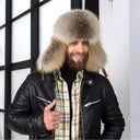 Mens Cognac Brown Leather Ushanka Hat, Winter Aviator Cap with Fluffy Golden Island Fox Fur, Warm Bomber Hat With Earflaps, Gift for Him