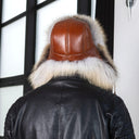 Mens Cognac Brown Leather Ushanka Hat, Winter Aviator Cap with Fluffy Golden Island Fox Fur, Warm Bomber Hat With Earflaps, Gift for Him