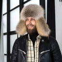 Mens Cognac Brown Leather Ushanka Hat, Winter Aviator Cap with Fluffy Golden Island Fox Fur, Warm Bomber Hat With Earflaps, Gift for Him