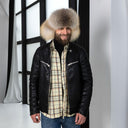 Mens Cognac Brown Leather Ushanka Hat, Winter Aviator Cap with Fluffy Golden Island Fox Fur, Warm Bomber Hat With Earflaps, Gift for Him