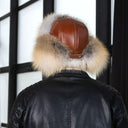 Mens Cognac Brown Leather Ushanka Hat, Winter Aviator Cap with Fluffy Golden Island Fox Fur, Warm Bomber Hat With Earflaps, Gift for Him