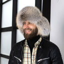Winter Trapper Hat from Golden Island Fox & Dark Brown Leather, Real Fur Aviator Hat for Men, Warm Bomber Hat, Perfect Gift for Husband