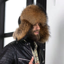 Leather Trapper Hat Men, Fur Winter Hat for Him, Ushanka Bomber Hat, Earflap Aviator Hat with Leather, Oversized Trapper Hat, Gift For Dad
