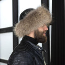 Raccoon Fur Mongoloian  Hat for Men, Real Leather Hat Flat Top, Warm Fluffy Headwear, Luxury Gift for Him, Fur Cap for Winter, Gift for Dad
