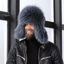 Men's Gray-Blue Albino Raccoon Fur Trapper Hat, Real Leather & Fur Bomber Hat, Fluffy Aviator Hat, Warm Hat With Earflaps, Gift For Husband