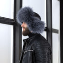 Men's Gray-Blue Albino Raccoon Fur Trapper Hat, Real Leather & Fur Bomber Hat, Fluffy Aviator Hat, Warm Hat With Earflaps, Gift For Husband