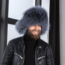 Men's Gray-Blue Albino Raccoon Fur Trapper Hat, Real Leather & Fur Bomber Hat, Fluffy Aviator Hat, Warm Hat With Earflaps, Gift For Husband