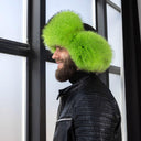 Men's Neon Green Raccoon Fur Trapper Hat, Vibrant Aviator Hat, Real Leather Bomber Hat, Fluffy Ushanka, Hat With Ear Flaps, Gift For Him