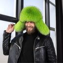 Men's Neon Green Raccoon Fur Trapper Hat, Vibrant Aviator Hat, Real Leather Bomber Hat, Fluffy Ushanka, Hat With Ear Flaps, Gift For Him