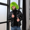 Men's Neon Green Raccoon Fur Trapper Hat, Vibrant Aviator Hat, Real Leather Bomber Hat, Fluffy Ushanka, Hat With Ear Flaps, Gift For Him
