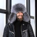 Silver Fox Fur Ushanka for Men, Fluffy Bomber Hat with Real Leather, Warm Hat With Earflaps, Cold Weather Hat for Him, Furry Trapper Hat