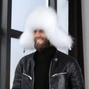 Men's Winter Hat With Earflaps In White, Genuine Raccoon Fur & Leather Trapper Hat For Him, Warm Winter Fuzzy Hat, Men Bomber Hat, Dad Gift