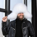 Men's Winter Hat With Earflaps In White, Genuine Raccoon Fur & Leather Trapper Hat For Him, Warm Winter Fuzzy Hat, Men Bomber Hat, Dad Gift