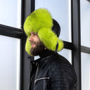 Neon Green Fox Fur Ushanka Hat, Mens Luxury Real Raccoon Fur Trapper Hat, Bright Lime Winter Fur Cap, Fluffy Aviator Hat, Gift for Boyfriend