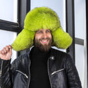 Neon Green Fox Fur Ushanka Hat, Mens Luxury Real Raccoon Fur Trapper Hat, Bright Lime Winter Fur Cap, Fluffy Aviator Hat, Gift for Boyfriend