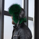 Emerald Green Raccoon Fur Trapper Hat for Men, Real Black Leather Aviator Hat, Oversized Ushanka, Dark Green Aviator Hat, Gift for Husband