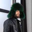 Emerald Green Raccoon Fur Trapper Hat for Men, Real Black Leather Aviator Hat, Oversized Ushanka, Dark Green Aviator Hat, Gift for Husband