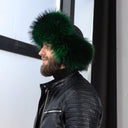 Emerald Green Raccoon Fur Trapper Hat for Men, Real Black Leather Aviator Hat, Oversized Ushanka, Dark Green Aviator Hat, Gift for Husband