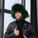 Emerald Green Raccoon Fur Trapper Hat for Men, Real Black Leather Aviator Hat, Oversized Ushanka, Dark Green Aviator Hat, Gift for Husband