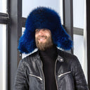 Real Raccoon Fur Trapper Hat In Blue, Men's Oversized Hat With Ear Flaps, Stylish Furry Hat For Husband, Modern Ushanka, Aviator Hat For Him
