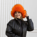 Real Raccoon Fur Trapper Hat In Orange, Fuzzy Hat With Earflaps, Black Leather Aviator Hat, Women Winter Hat, Warm Bomber Hat For Girlfriend