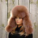 Beige Fox Fur Hat with Ear Flaps, Womens Leather Ushanka, Fur Winter Hat for Her, Warm Fluffy Fur Hat, Wife Anniversary Gift Fur Trapper Hat
